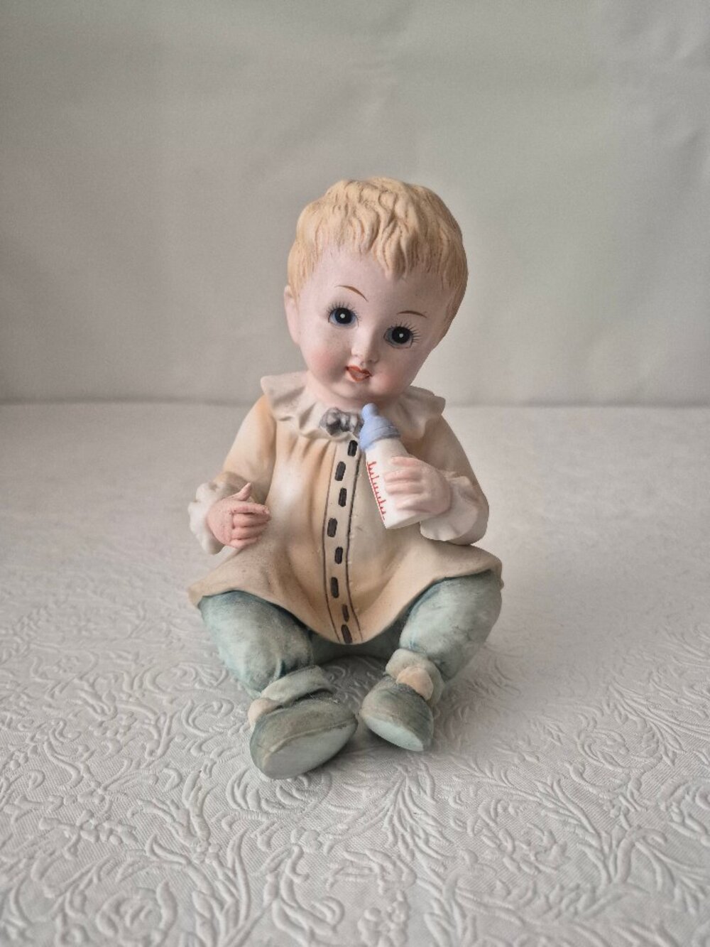 Vintage Lefton 6" Bisque Porcelain Piano Baby Boy Figurine Bottle KW9127